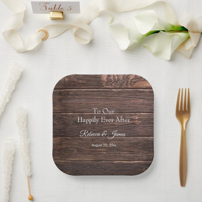 Rustic Wood Happily Ever After Wedding Party Paper Plate (Wedding)