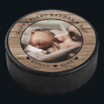 Rustic Wood Happy First Father's Day Photo  Hockey Puck<br><div class="desc">A simple and elegant gift for the new dad-Personalized Hockey Puck with daddy and baby photo and name.</div>