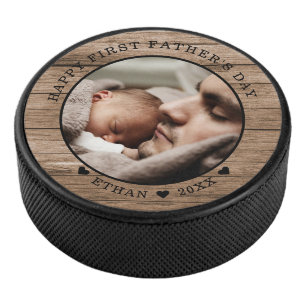  Rustic Wood Happy First Father's Day Photo  Hockey Puck