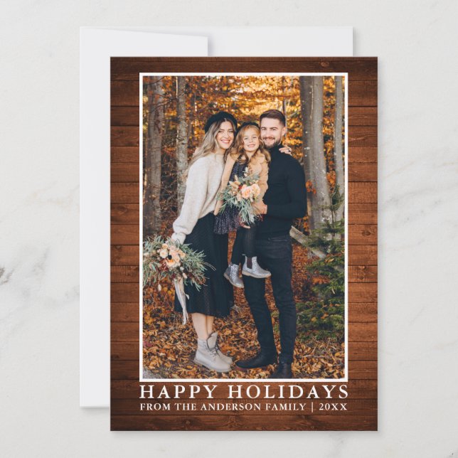 Rustic Wood Happy Holidays Photo Holiday Card (Front)
