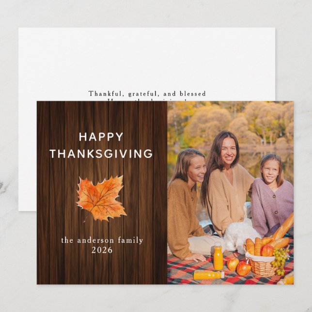 Rustic Wood Happy Thanksgiving Autumn Photo Holiday Card (Front/Back)