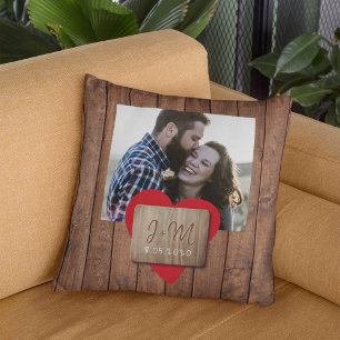 Rustic wood heart couple photo monogram initials  throw pillow