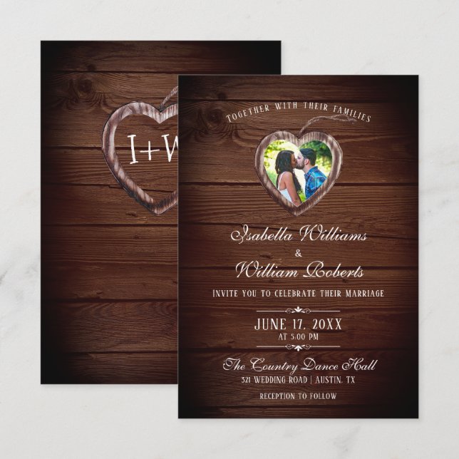Rustic Wood Heart Mariage Photo Invitation (Devant / Derrière)