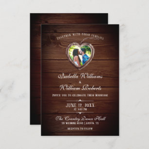 Rustic Wood Heart Mariage Photo Invitation