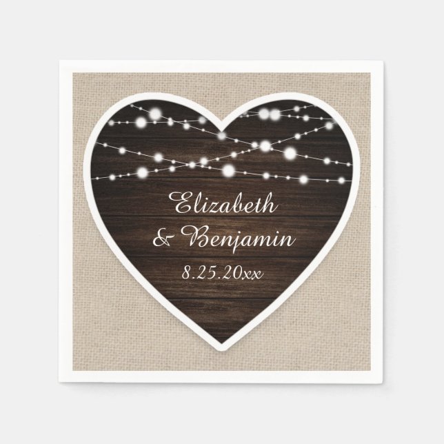 Rustic Wood Heart String Lights Burlap Wedding Napkin (Front)