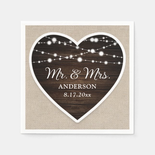 Rustic Wood Heart String Lights Mr and Mrs Wedding Napkin (Front)