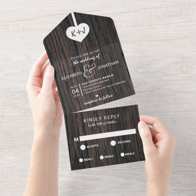 Rustic Wood Heart Typography Wedding All In One Invitation (Tearaway)