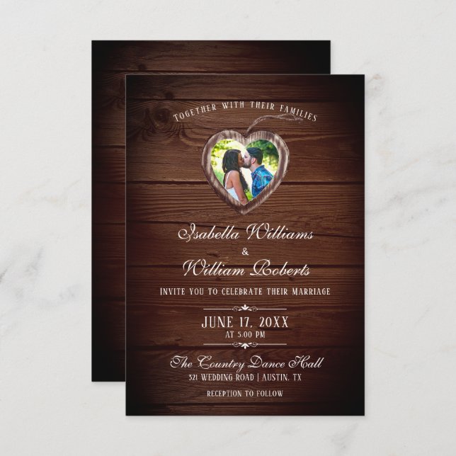 Rustic Wood Heart Wedding Photo Invitation (Front/Back)