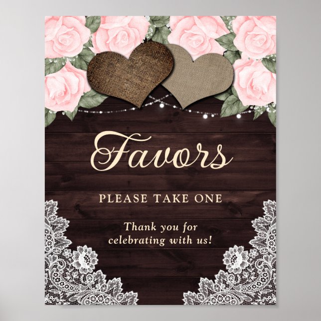 Rustic Wood Hearts Blush Pink Floral Wedding Favou Poster (Front)