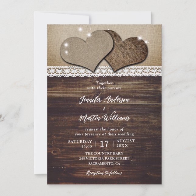 Rustic Wood Hearts Burlap and Lace Wedding Invitation (Front)