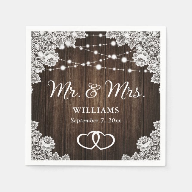 Rustic Wood Hearts Lace String Lights Wedding Napkin (Front)