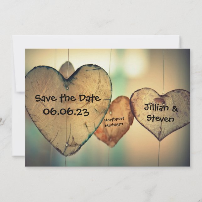 Rustic Wood Hearts - Save the Date 5x7 Card (Front)