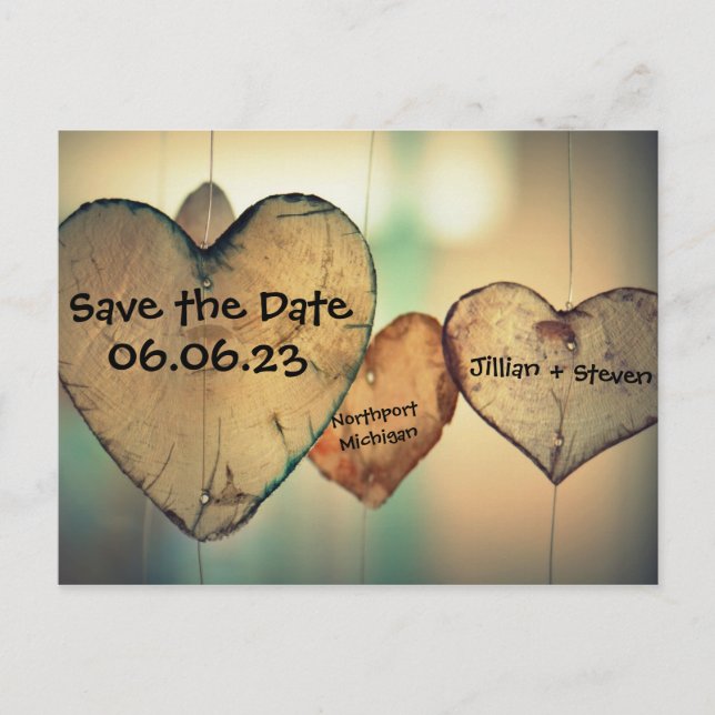 Rustic Wood Hearts - Save the Date Announcement Postcard (Front)