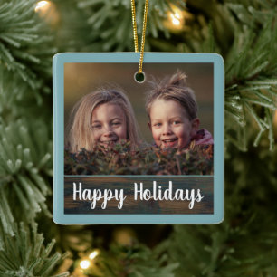 Rustic Wood Holiday Script Custom Family Photo Ceramic Ornament