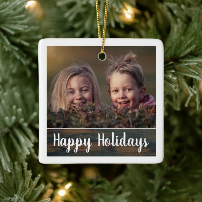 Rustic Wood Holiday Script Custom Family Photo Ceramic Ornament (Tree)