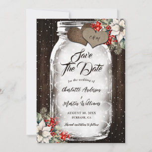Rustic Wood Holly Berries Mason Jar Winter Wedding Save The Date
