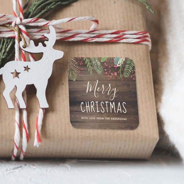 Rustic Wood Holly & Pine Christmas Holiday Party Square Sticker (The Square Sticker Mock-up)