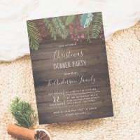 Rustic Wood Holly & Pine Holiday Party Invitation