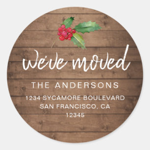Rustic Wood Holly We’ve Moved Holiday Classic Round Sticker