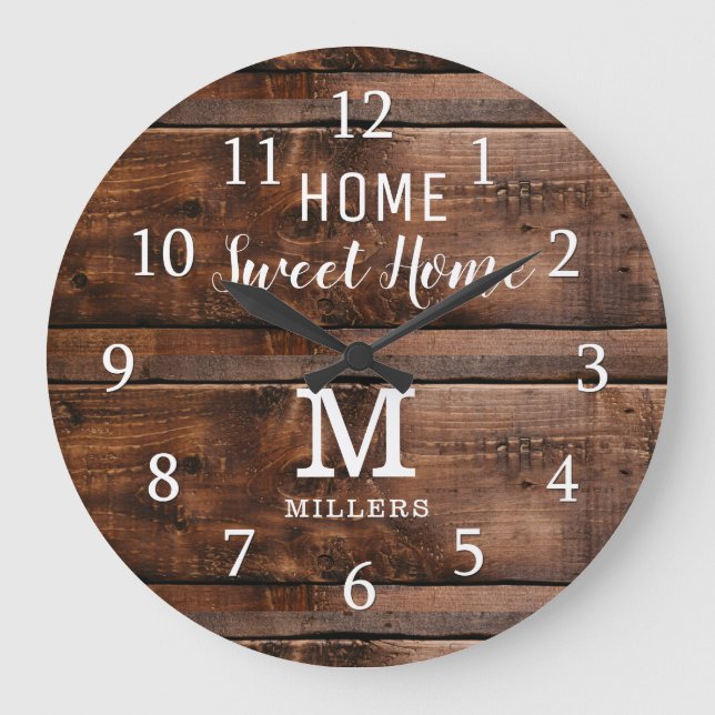 Rustic Wood Home Sweet Home Monogram Family Name Large Clock (Front)