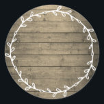 Rustic Wood Homemade Write On Blank Classic Round Sticker<br><div class="desc">Rustic, simple and modern write on homemade sticker with a lovely white foliage wreath on a barn wood background. Simply write your name and the product name on the blank label. Exclusively designed for you by Happy Dolphin Studio. If you need any help or matching products, please contact us at...</div>