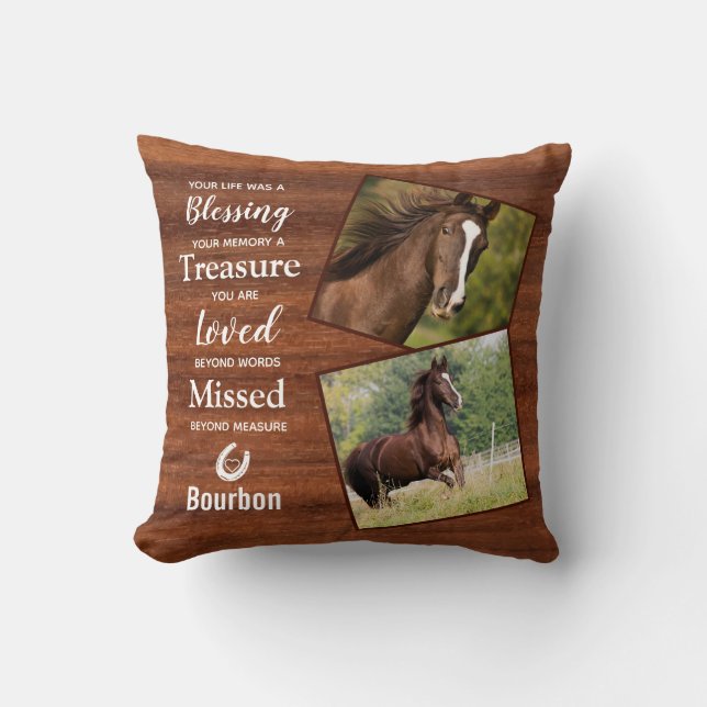 Rustic Wood Horse Memorial Photo Throw Pillow (Front)