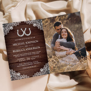 Rustic Wood Horseshoes Lace Photo QR Code Wedding Invitation