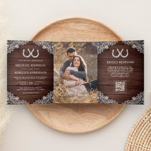 Rustic Wood Horseshoes Lace Photo QR Code Wedding Tri-Fold Invitation