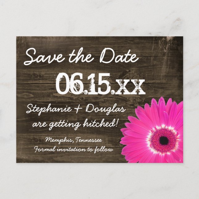 Rustic Wood Hot Pink Daisy Save The Date Postcards (Front)