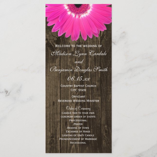 Rustic Wood Hot Pink Gerber Daisy Wedding Programs (Front)