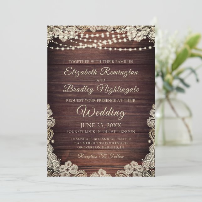 Rustic Wood Ivory Lace String Lights Wedding Invit Invitation (Standing Front)