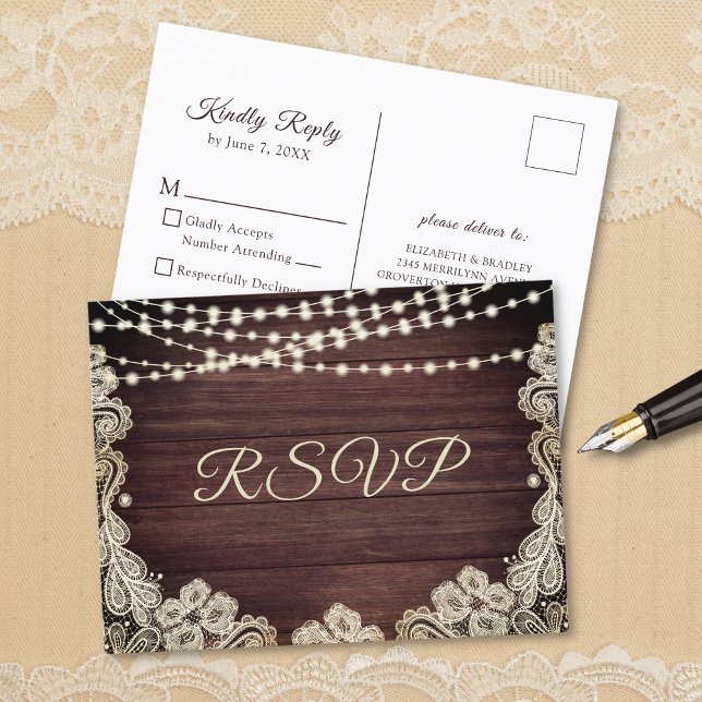 Rustic Wood Ivory Lace String Lights Wedding RSVP Invitation Postcard (Creator Uploaded)