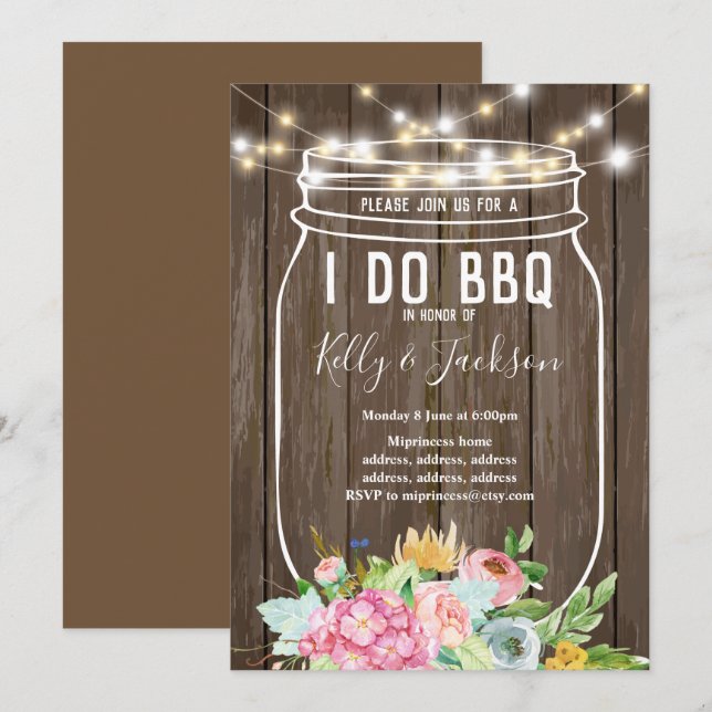 rustic wood, jar, i do bbq party invitation (Front/Back)
