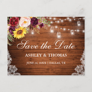 Rustic Wood Jar Lights Lace Floral Announcement Postcard