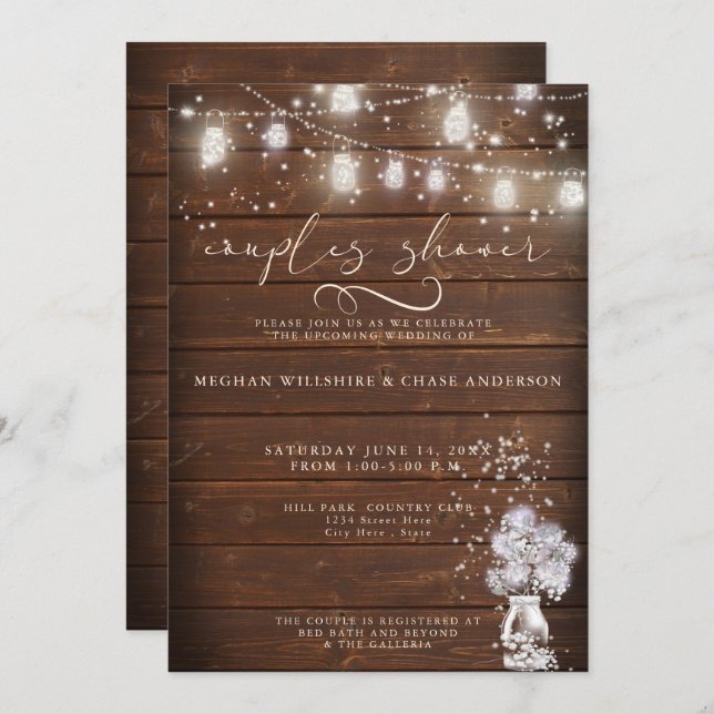 Rustic Wood Jar String Lights theBarefootBride™ Invitation (Front/Back)