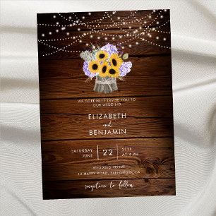 Rustic Wood Jar Sunflower Hydrangea Modern Wedding Invitation