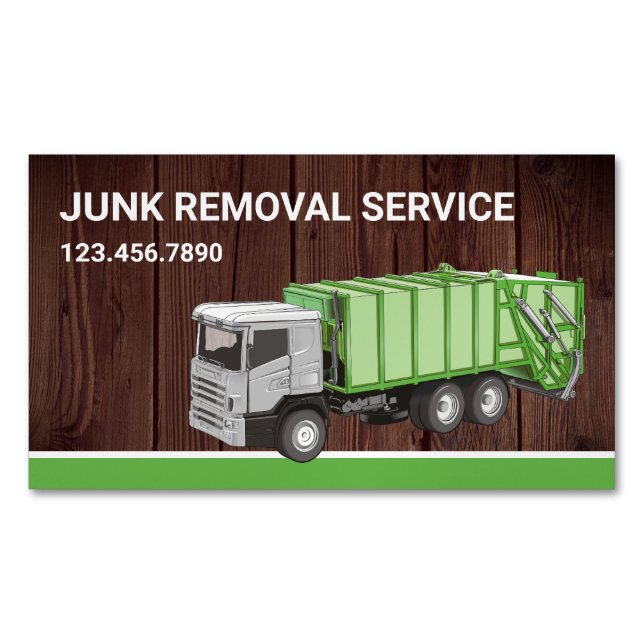 Rustic Wood Junk Removal Service Garbage Truck Magnetic Business Card (Front)