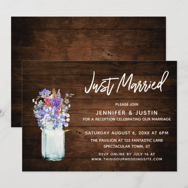 Rustic Wood Just Married Wildflowers in Mason Jar Invitation (Front/Back)