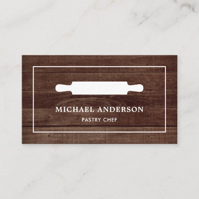 Rustic Wood Kitchen White Rolling Pin Pastry Chef Business Card (Front)