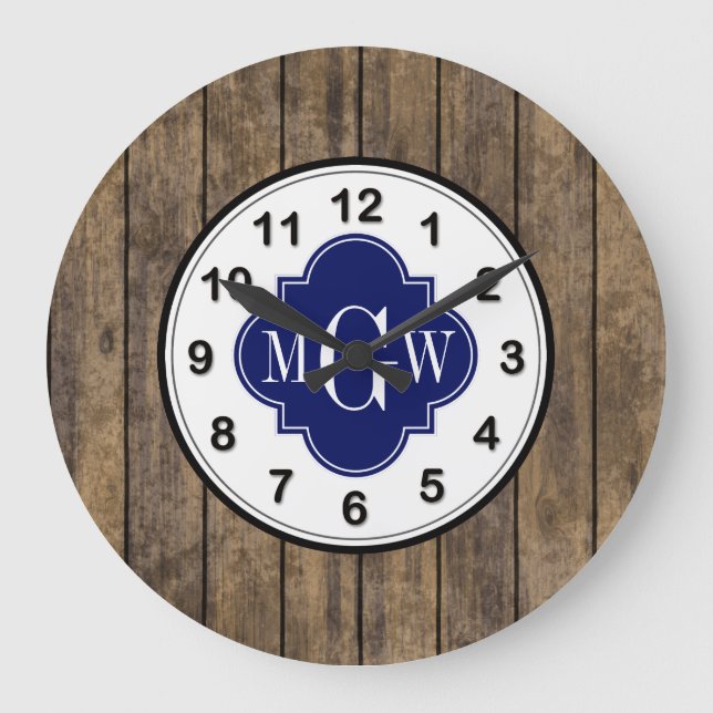 Rustic Wood L Planks #1 Navy Quatrefoil 3 M'gram Large Clock (Front)