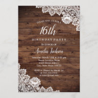 Rustic Wood Lace 16th Birthday Party Invitation