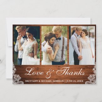 Rustic Wood Lace 3 Photo Love and Thanks Thank You Card