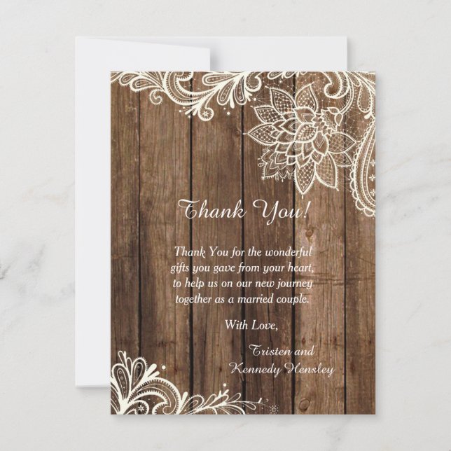 Rustic Wood Lace 4x5 Flat Wedding Thank You Card (Front)