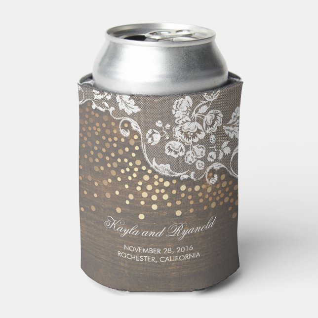 Rustic Wood Lace and Gold Confetti Wedding Can Cooler (Can Front)