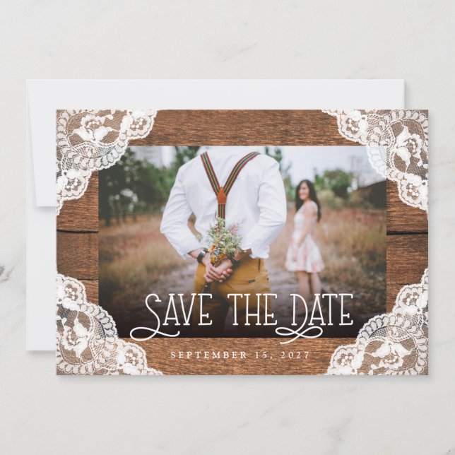 Rustic Wood Lace and Lights Photo Save the Date (Front)