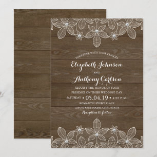Rustic Wood Lace and Pearls Wedding Invitation