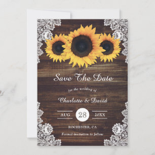 Rustic Wood Lace and Sunflower Save The Date Cards