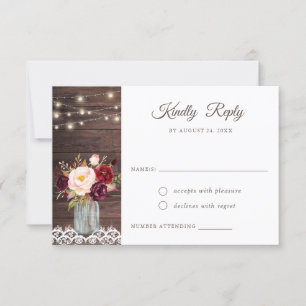 Rustic Wood Lace Blush Burgundy Mason Jar RSVP Invitation