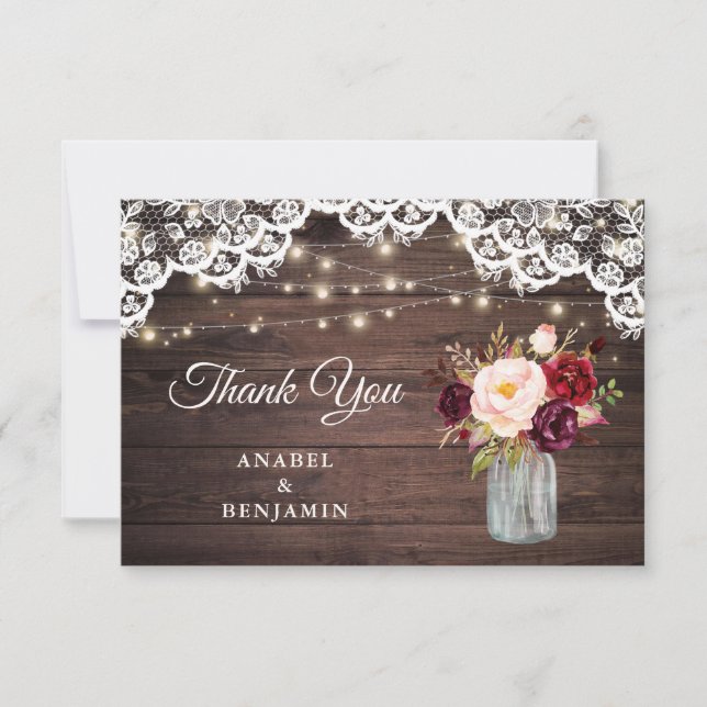 Rustic Wood Lace Blush Mason Jar Wedding Thank You Card (Front)