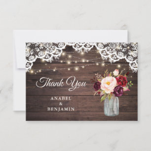 Rustic Wood Lace Blush Mason Jar Wedding Thank You Card